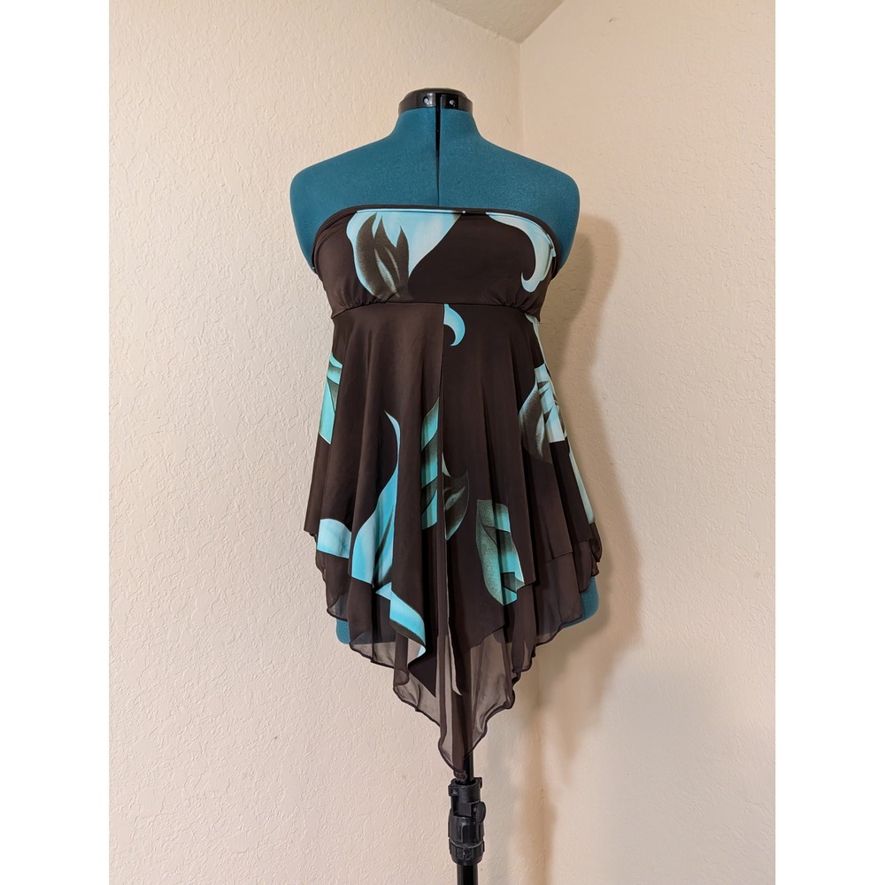 Forever 21 Y2K Brown Aqua Floral Mesh Handkerchief Hem Tube Top Size M T116